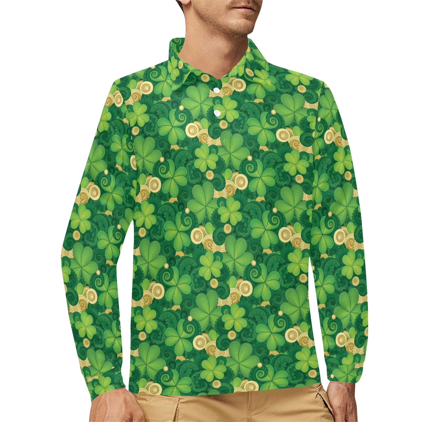 Shamrock Print Design LKS301 Long Sleeve Polo Shirt For Men's