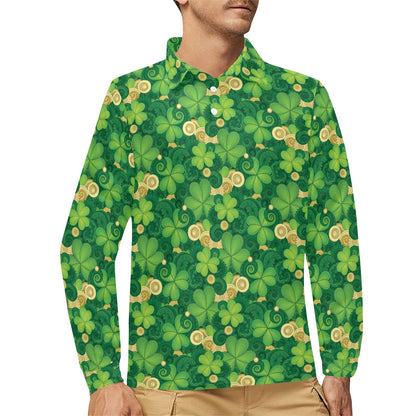 Shamrock Print Design LKS301 Long Sleeve Polo Shirt For Men's