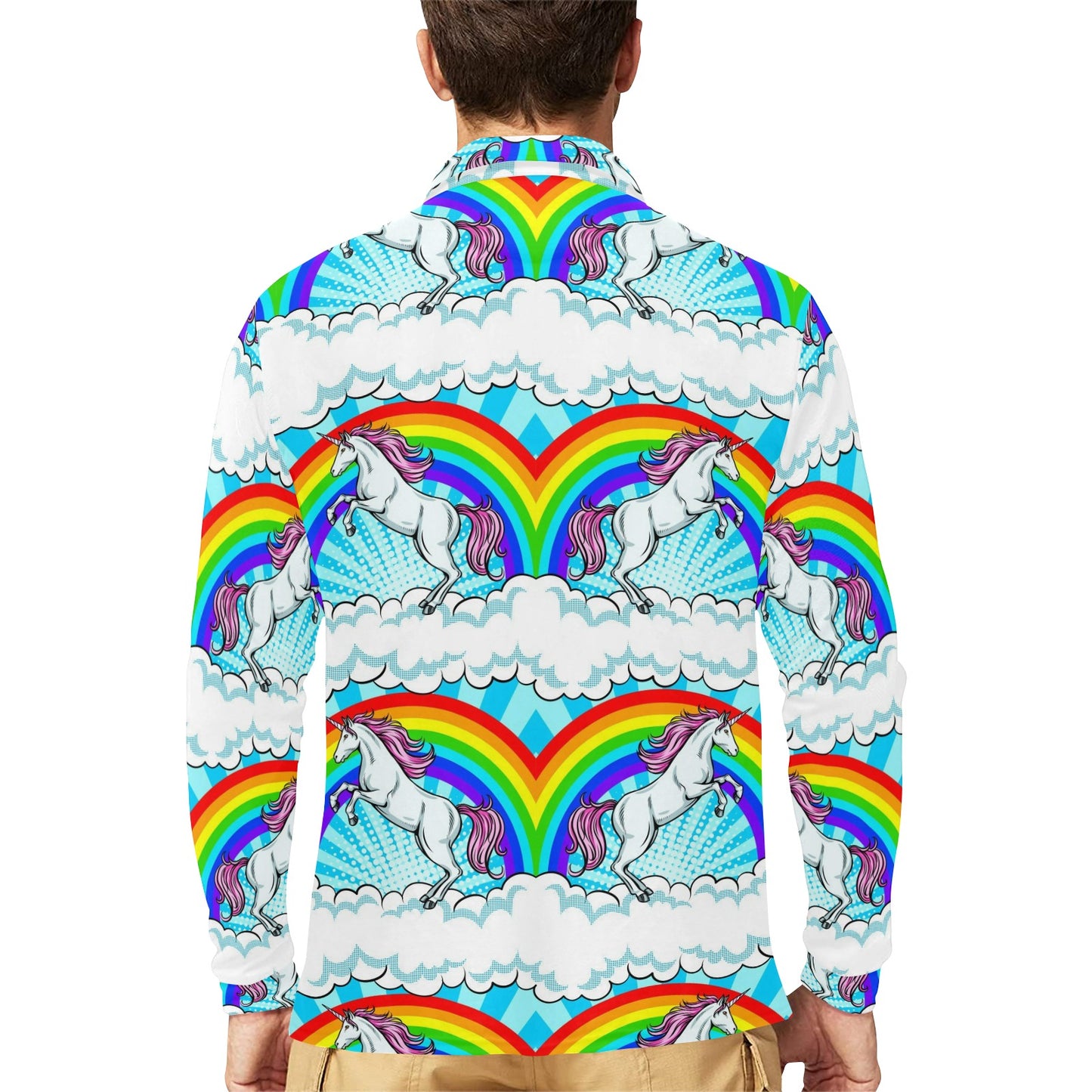 Unicorn Rainbow Long Sleeve Polo Shirt For Men's