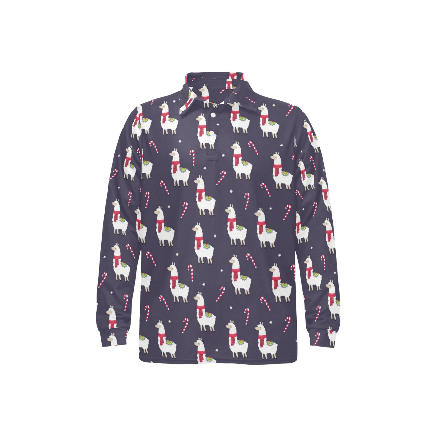 Llama with Candy Cane Themed Print Long Sleeve Polo Shirt For Men's