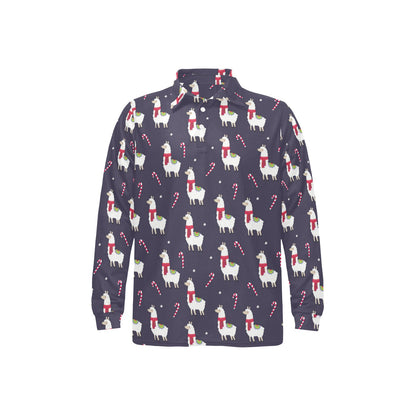 Llama with Candy Cane Themed Print Long Sleeve Polo Shirt For Men's