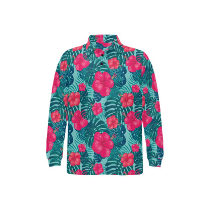 Red Hibiscus Pattern Print Design HB017 Long Sleeve Polo Shirt For Men's