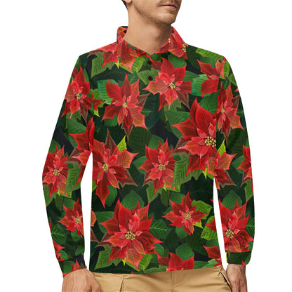Poinsettia Pattern Print Design POT04 Long Sleeve Polo Shirt For Men's