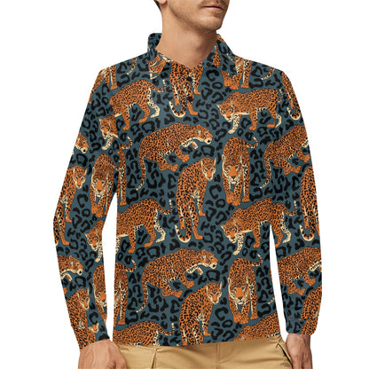 Jaguar Pattern Print Design 04 Long Sleeve Polo Shirt For Men's