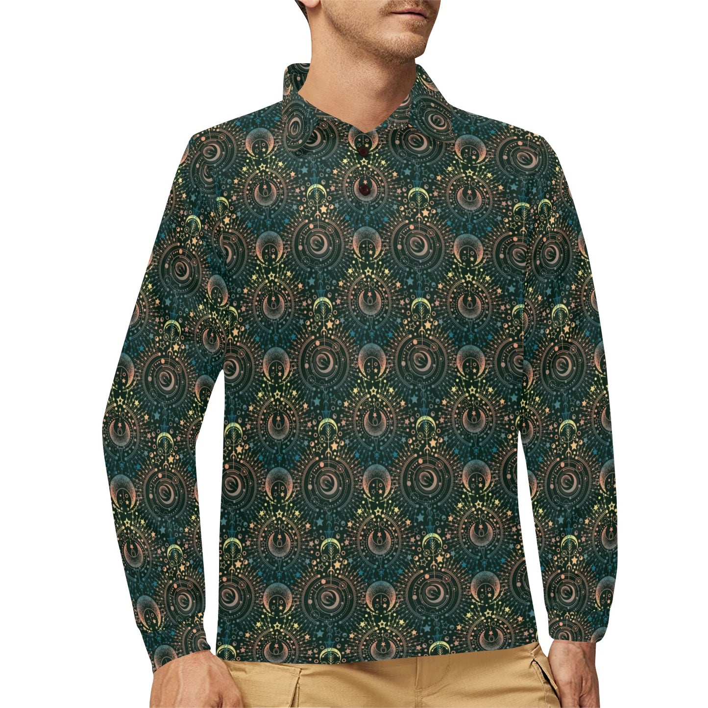 Sun Moon Print Design LKS307 Long Sleeve Polo Shirt For Men's