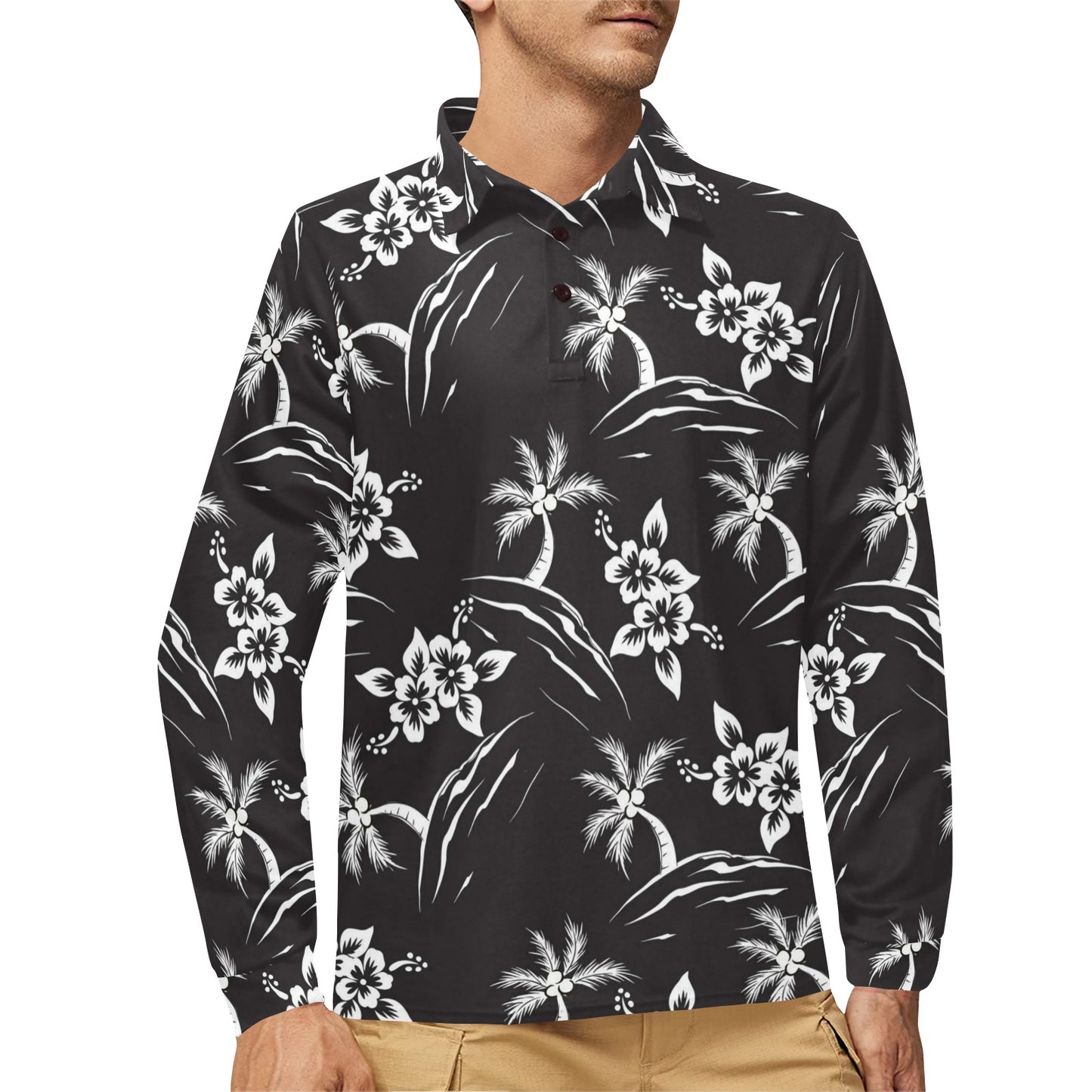 Palm Tree Pattern Print Design PT02 Long Sleeve Polo Shirt For Men's