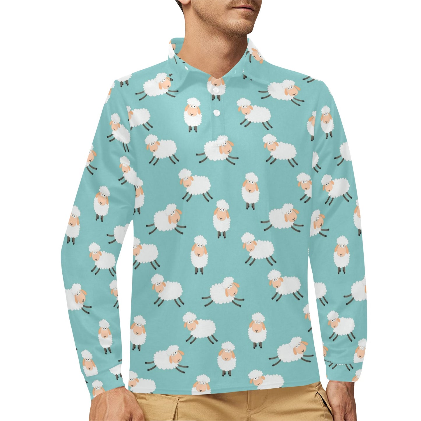 Sheep Print Design LKS406 Long Sleeve Polo Shirt For Men's