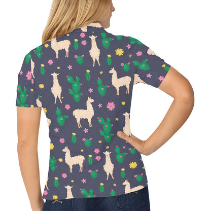 Llama Cactus Pattern Print Design 012 Women's Polo Shirt