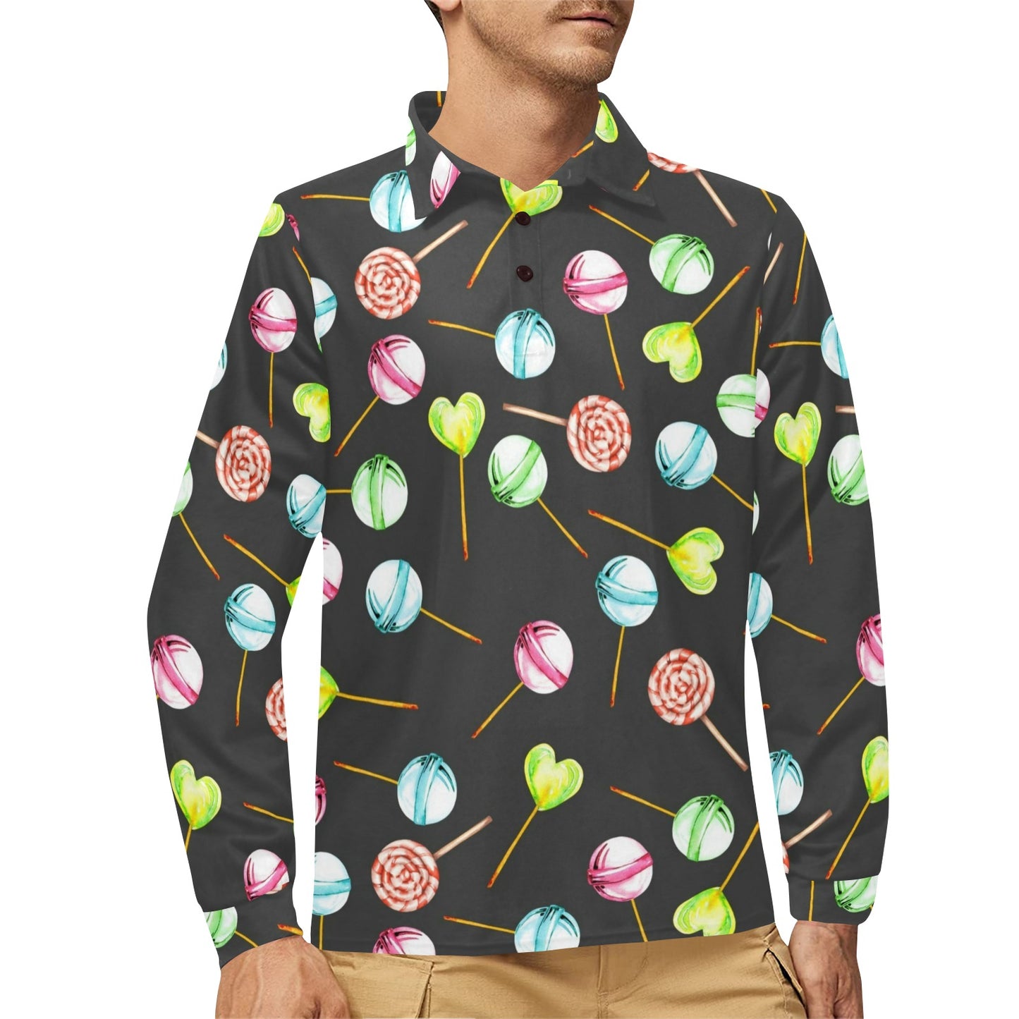 Lollipop Pattern Print Design LL02 Long Sleeve Polo Shirt For Men's