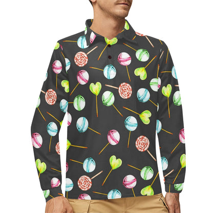 Lollipop Pattern Print Design LL02 Long Sleeve Polo Shirt For Men's