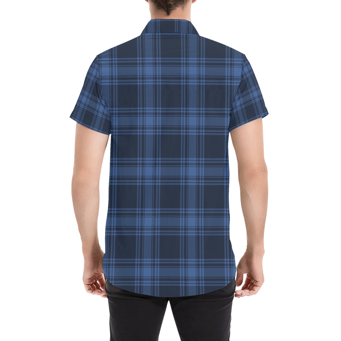 Tartan Blue Print Design LKS304 Men Short Sleeve Button Up Shirt