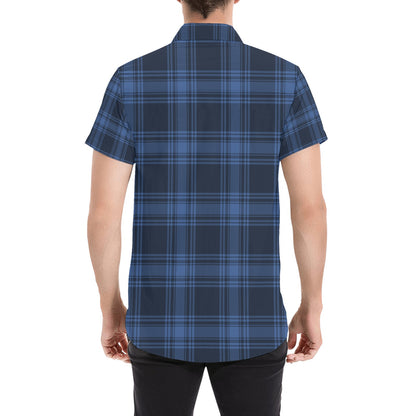 Tartan Blue Print Design LKS304 Men Short Sleeve Button Up Shirt