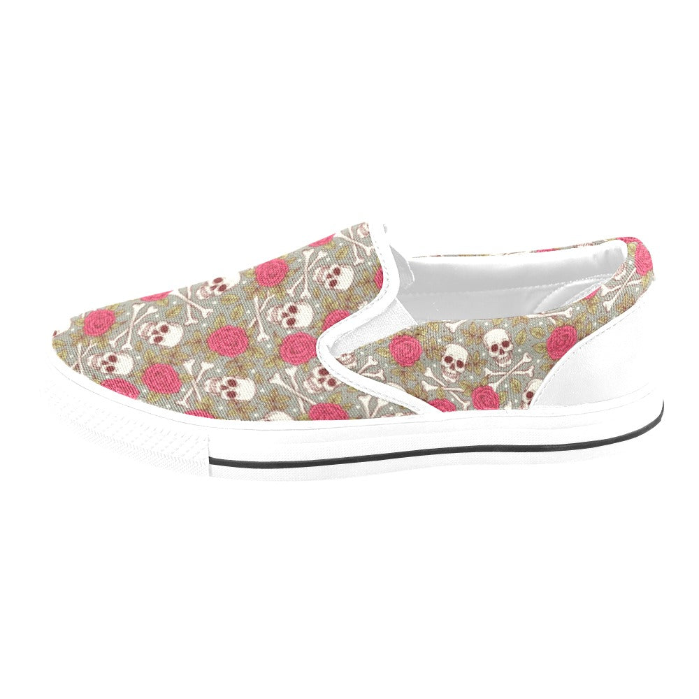 Skull Bone Rose Print Design LKS303 White Slip Ons Canvas Women's Shoes