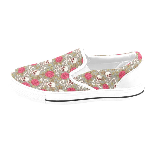 Skull Bone Rose Print Design LKS303 White Slip Ons Canvas Women's Shoes