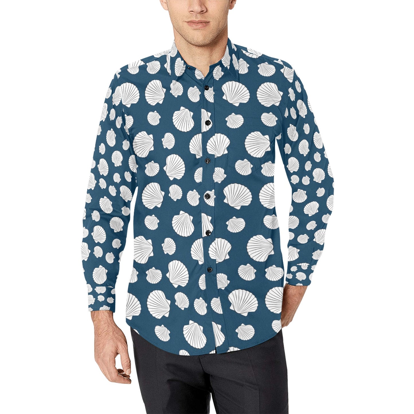 Seashell Print Design LKS3012 Men's Long Sleeve Dress Shirt