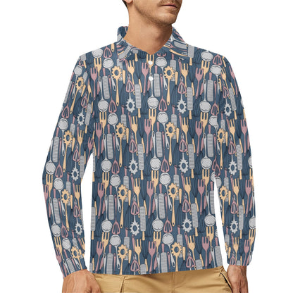 Cooking Kitchen Tools Pattern Print Design 05 Long Sleeve Polo Shirt For Men's