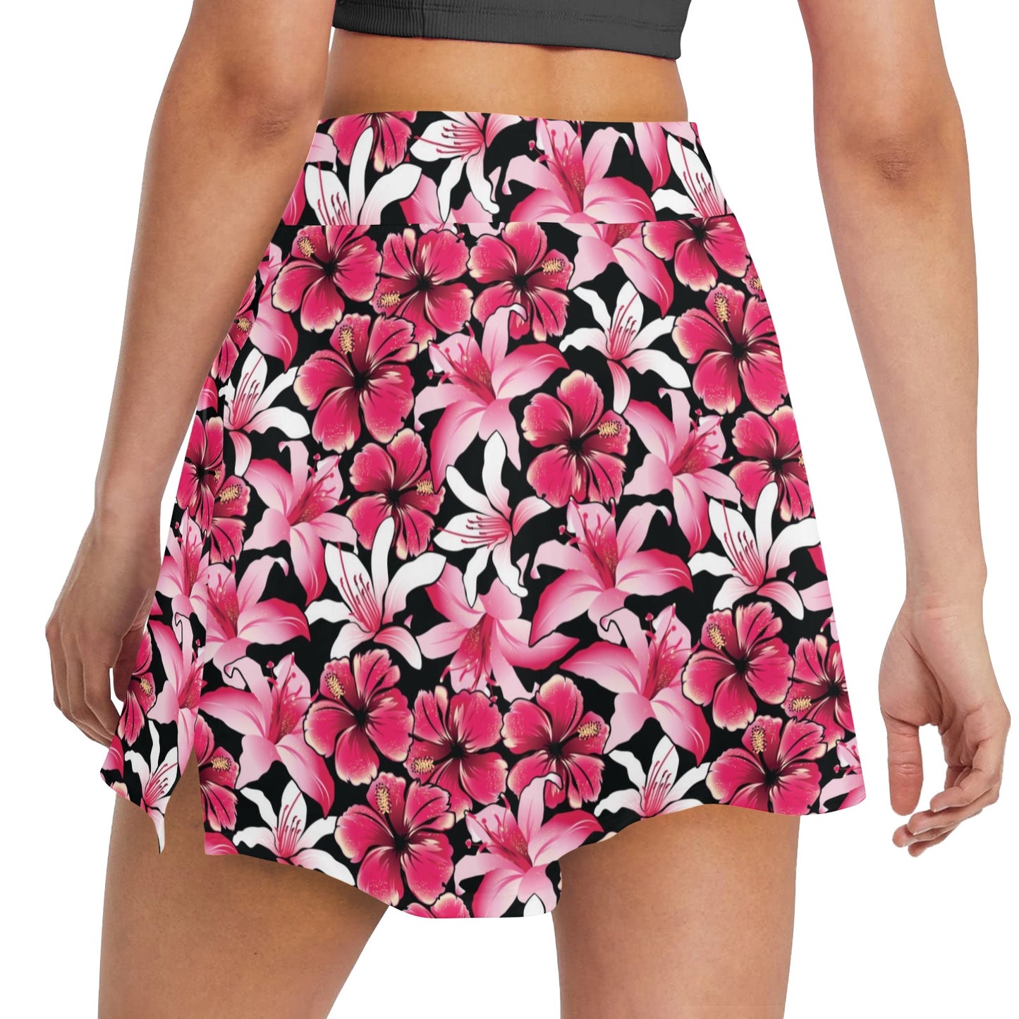 Flower Hawaiian Pink Red Hibiscus Print 17" Golf & Pickleball Skort with Pockets