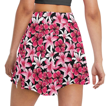 Flower Hawaiian Pink Red Hibiscus Print 17" Golf & Pickleball Skort with Pockets