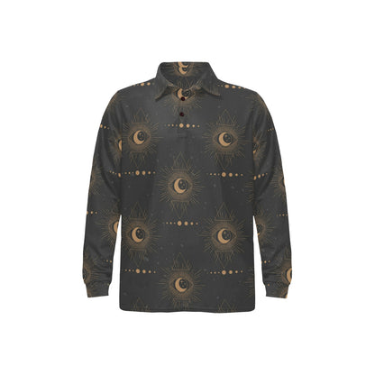 Moon Boho Pattern Print Design 02 Long Sleeve Polo Shirt For Men's