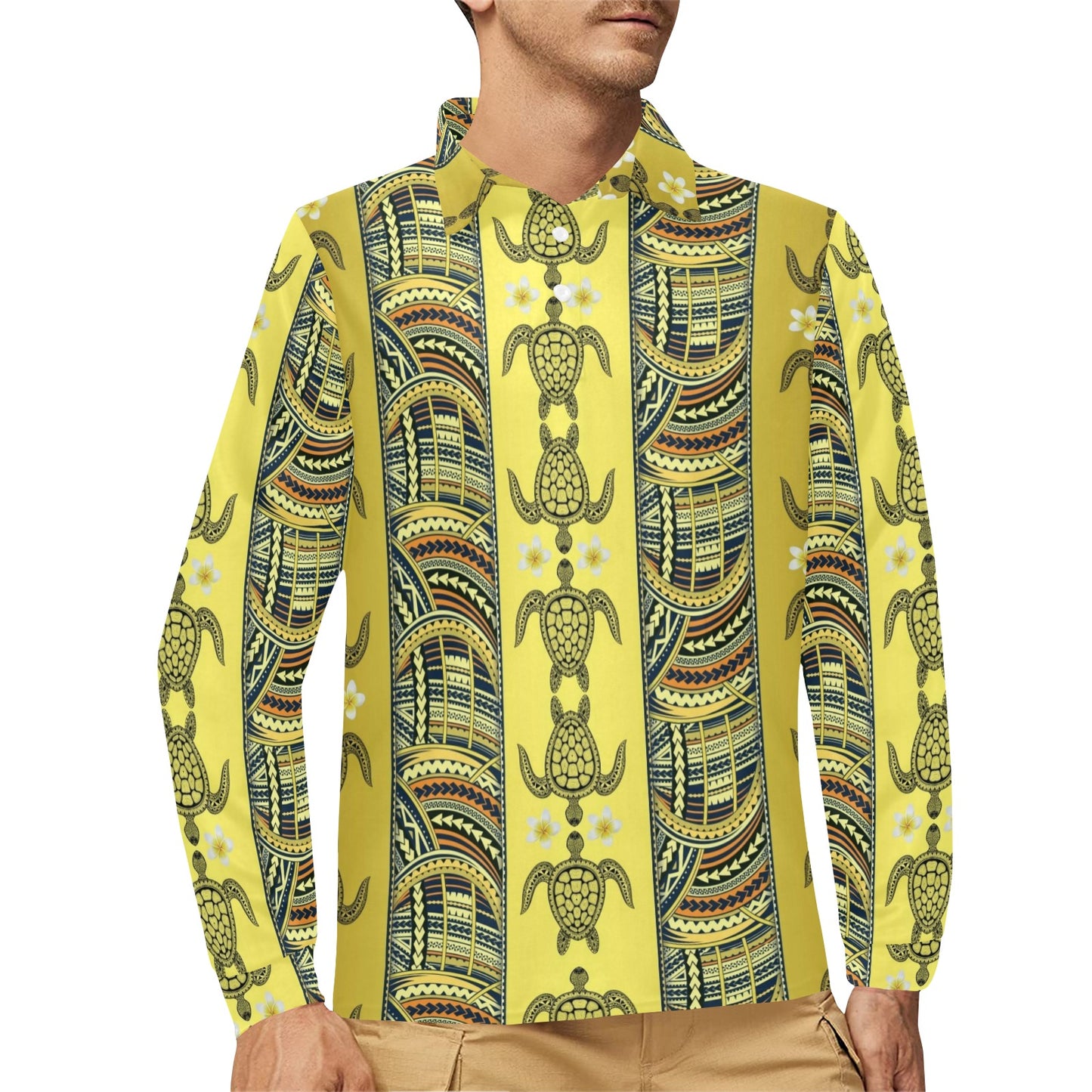 Polynesian Turtle Hawaiian Design Print Long Sleeve Polo Shirt For Men's