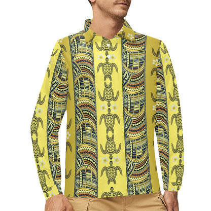 Polynesian Turtle Hawaiian Design Print Long Sleeve Polo Shirt For Men's
