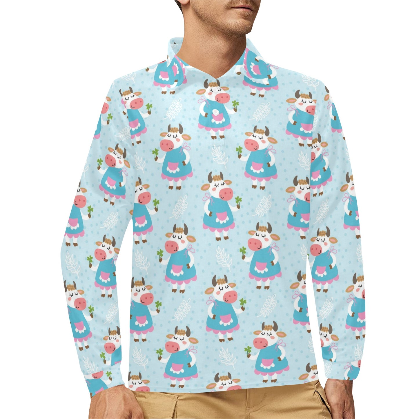Cattle Happy Pattern Print Design 03 Long Sleeve Polo Shirt For Men's
