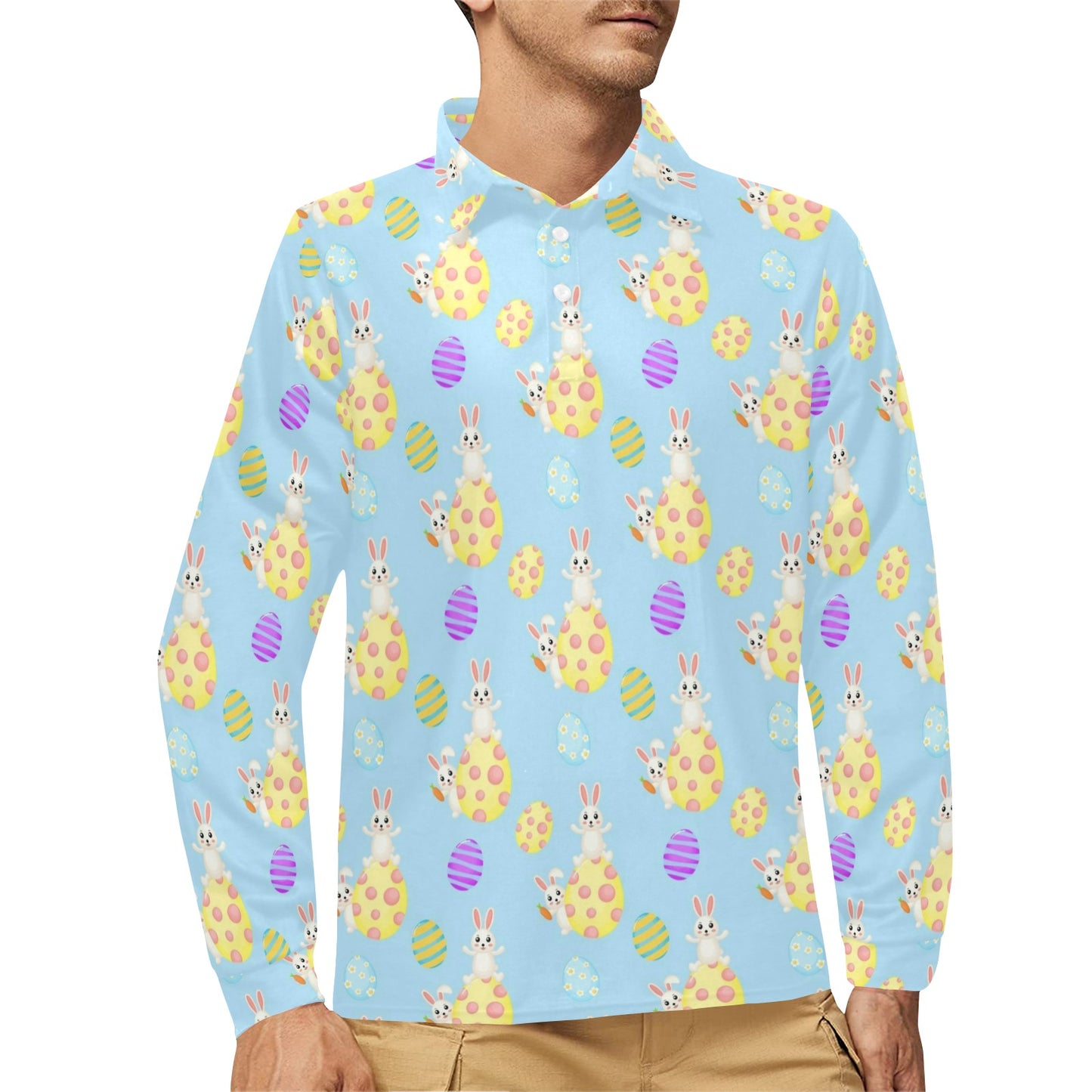Easter Eggs Pattern Print Design RB015 Long Sleeve Polo Shirt For Men's