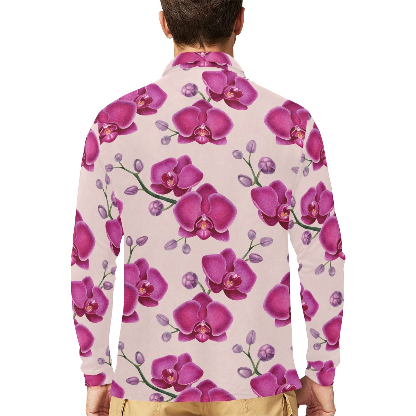 Orchid Pattern Print Design A02 Long Sleeve Polo Shirt For Men's