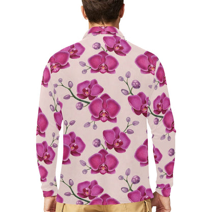 Orchid Pattern Print Design A02 Long Sleeve Polo Shirt For Men's
