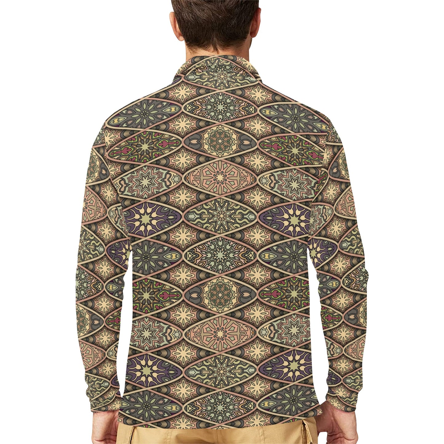 Mandala Motif Themed Design Print Long Sleeve Polo Shirt For Men's