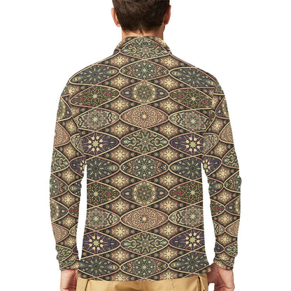 Mandala Motif Themed Design Print Long Sleeve Polo Shirt For Men's