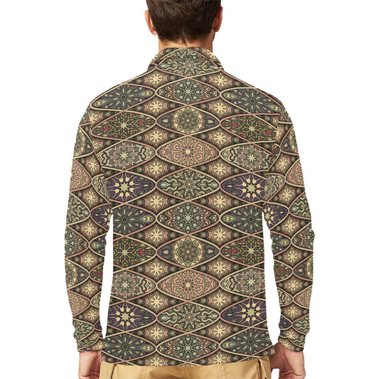 Mandala Motif Themed Design Print Long Sleeve Polo Shirt For Men's