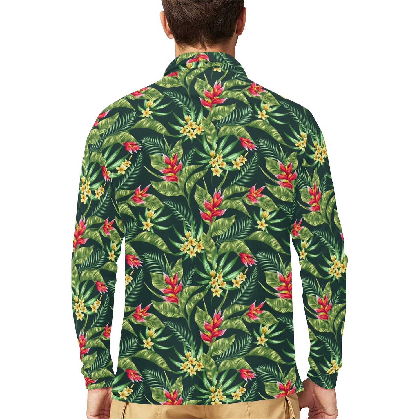 Tropical Folower Red Heliconia Print Long Sleeve Polo Shirt For Men's