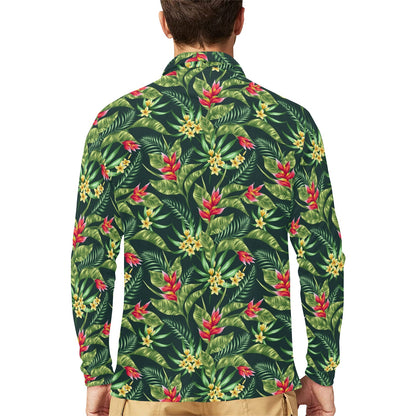 Tropical Folower Red Heliconia Print Long Sleeve Polo Shirt For Men's