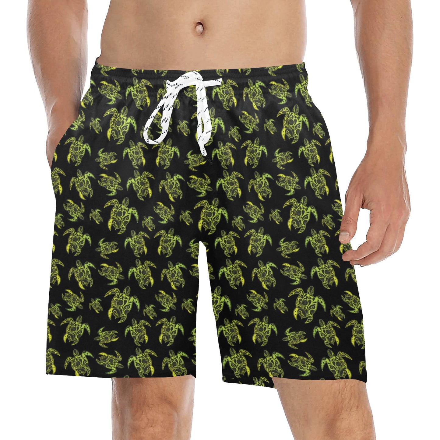 Green Tribal Turtle Polynesian Themed Men's Swim Trunks Beach Shorts