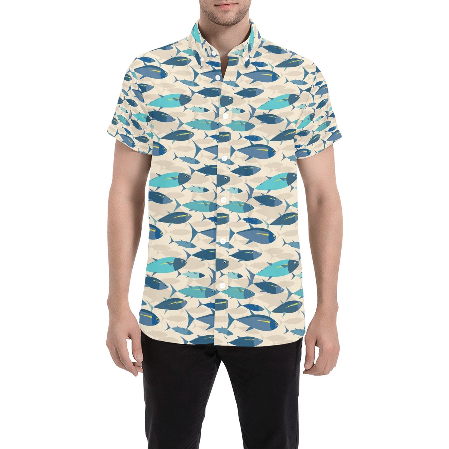 Tuna Fish Print Design LKS302 Men Short Sleeve Button Up Shirt