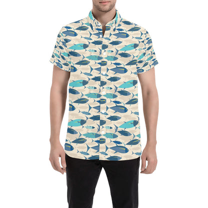 Tuna Fish Print Design LKS302 Men Short Sleeve Button Up Shirt