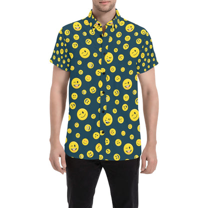 Smiley Face Emoji Print Design LKS301 Men Short Sleeve Button Up Shirt