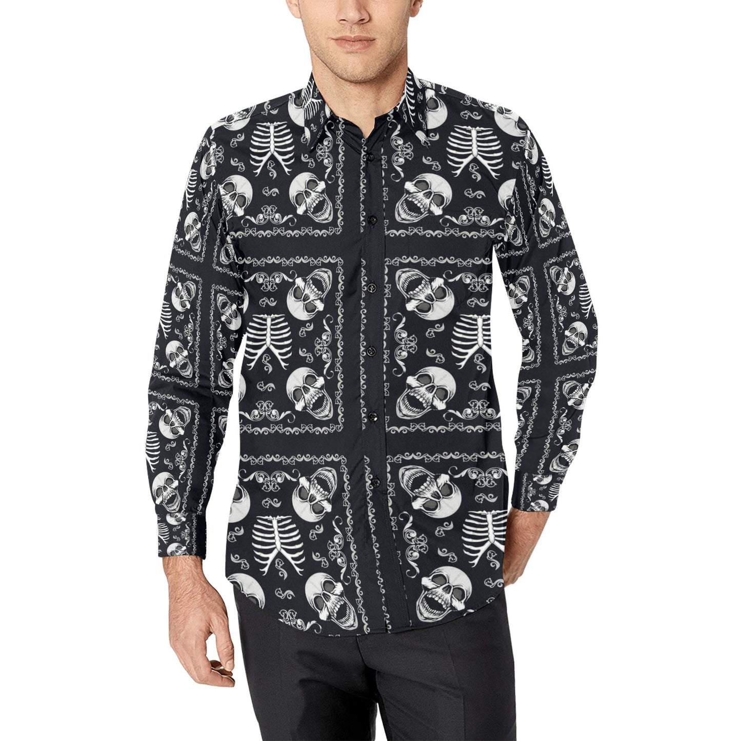 Bandana Skull Black White Print Design LKS306 Men's Long Sleeve Dress Shirt