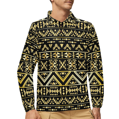 Gold Aztec Tribal Long Sleeve Polo Shirt For Men's