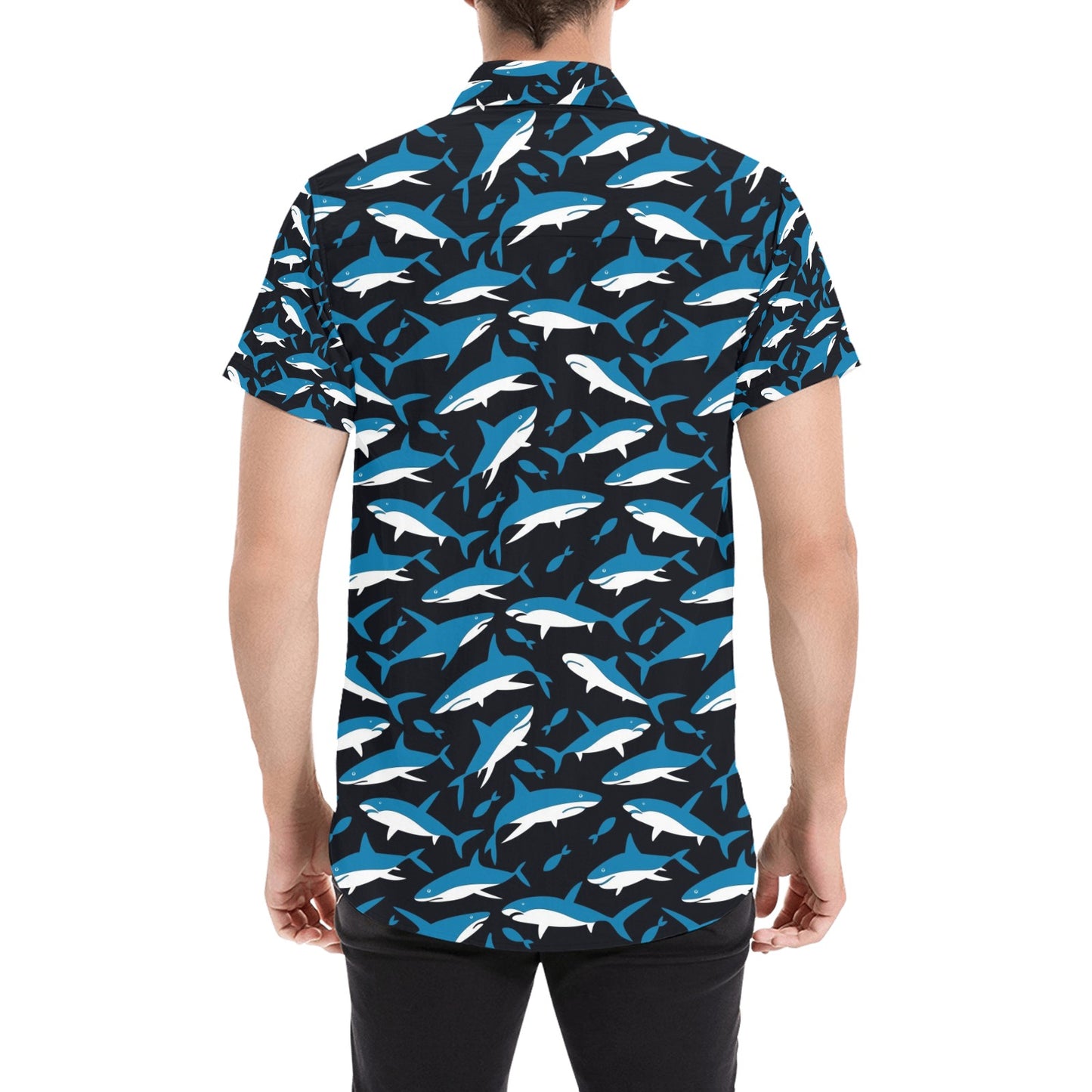 Shark Print Design LKS303 Men Short Sleeve Button Up Shirt