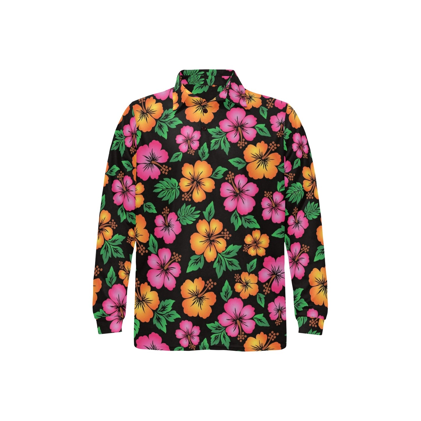 Hibiscus Pattern Print Design HB029 Long Sleeve Polo Shirt For Men's