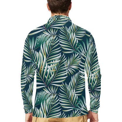 Sun Spot Tropical Palm Leaves hower Curtain Long Sleeve Polo Shirt For Men's
