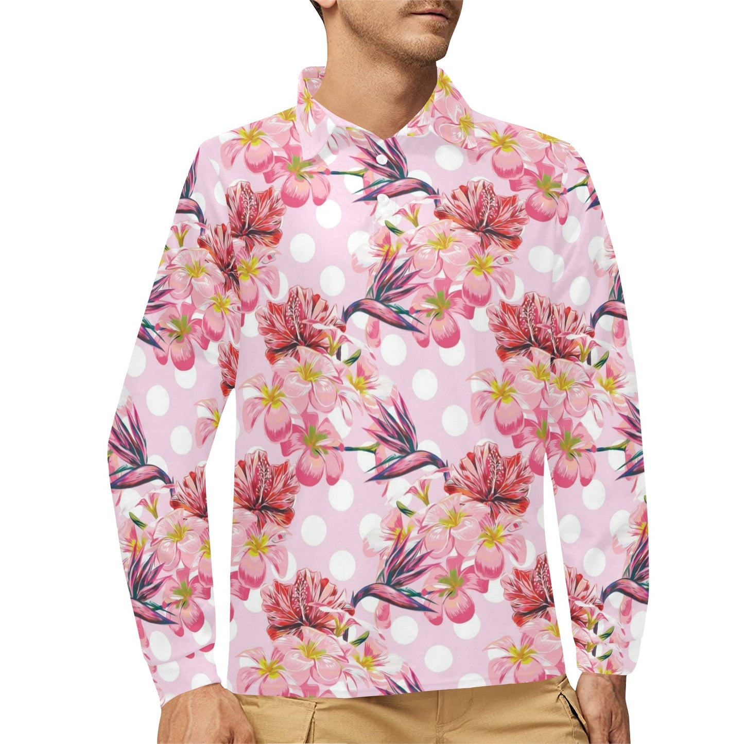 Bird Of Paradise Pattern Print Design BOP011 Long Sleeve Polo Shirt For Men's