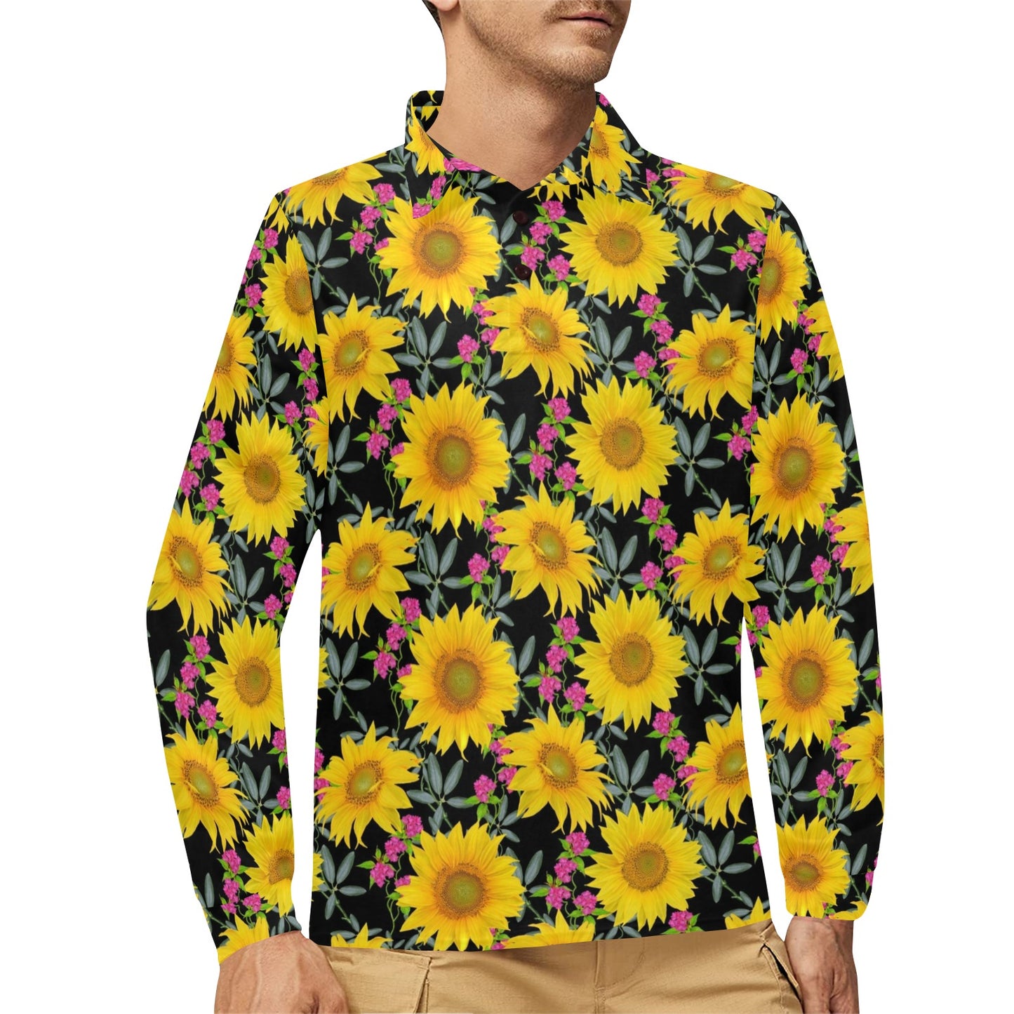 Sunflower Pattern Print Design SF014 Long Sleeve Polo Shirt For Men's