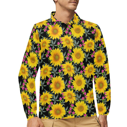 Sunflower Pattern Print Design SF014 Long Sleeve Polo Shirt For Men's