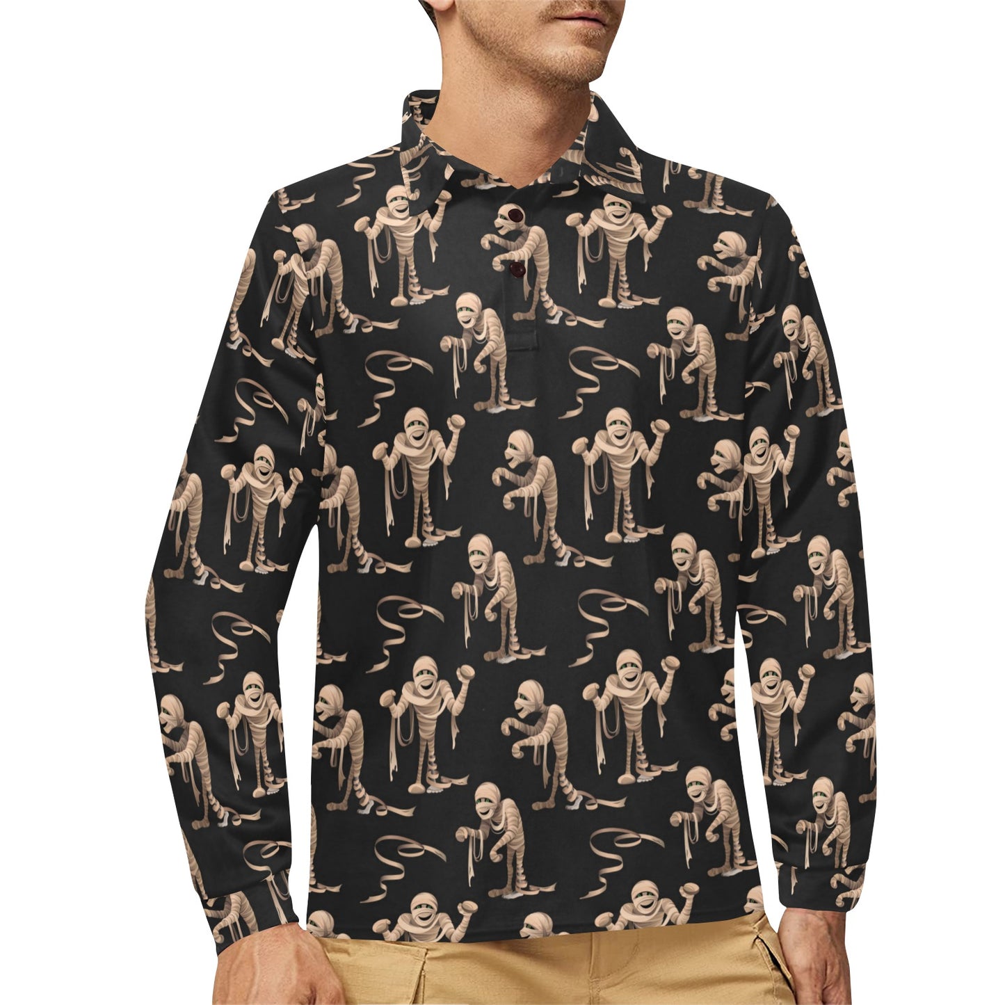 Mummy Print Design LKS302 Long Sleeve Polo Shirt For Men's