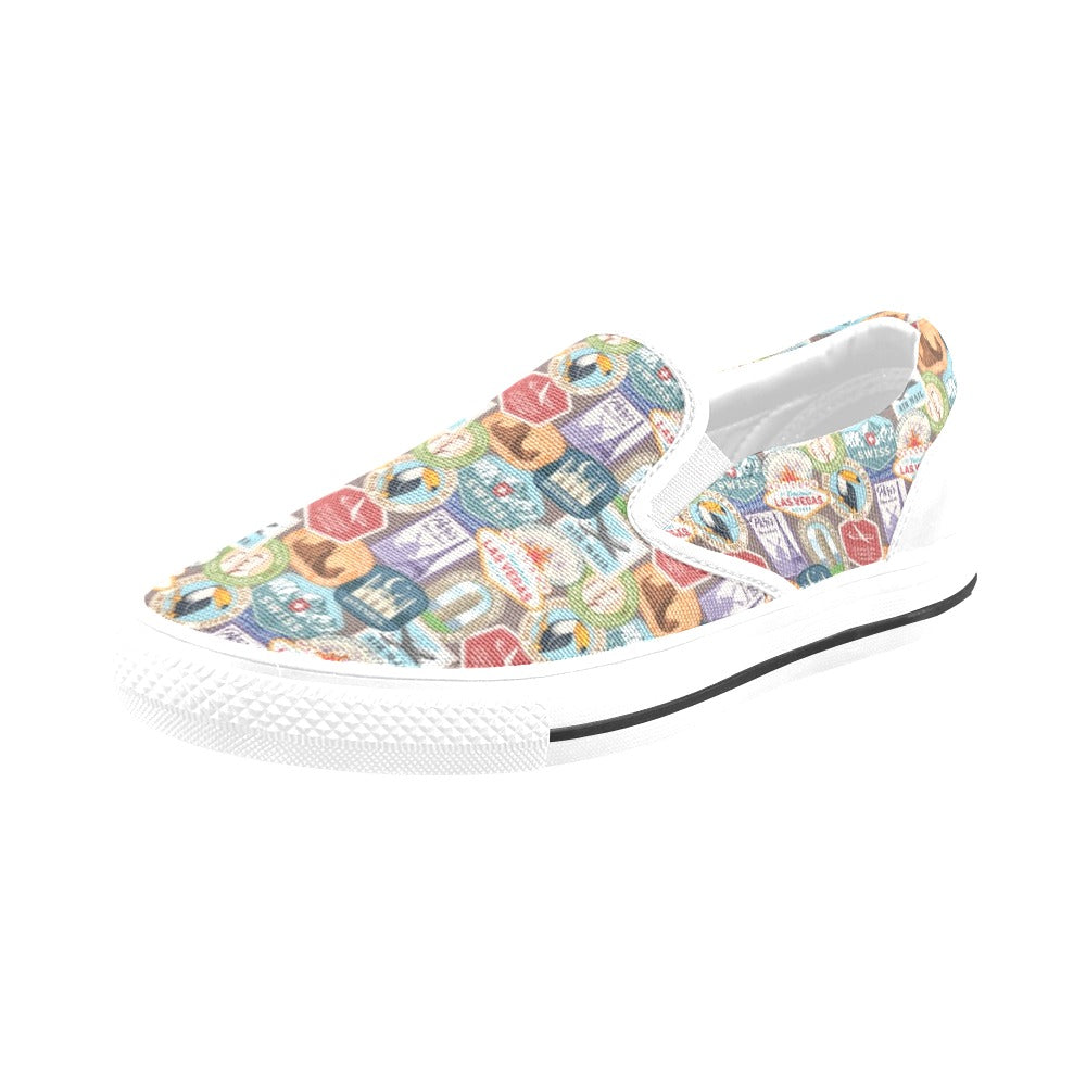 Travel Stamp Print Design LKS301 White Slip Ons Canvas Women's Shoes