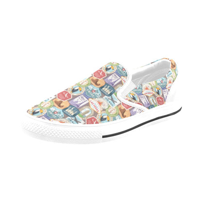 Travel Stamp Print Design LKS301 White Slip Ons Canvas Women's Shoes