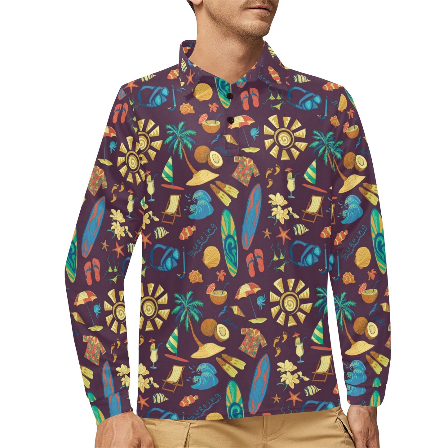 Aloha Hawaii Pattern Print Design 01 Long Sleeve Polo Shirt For Men's
